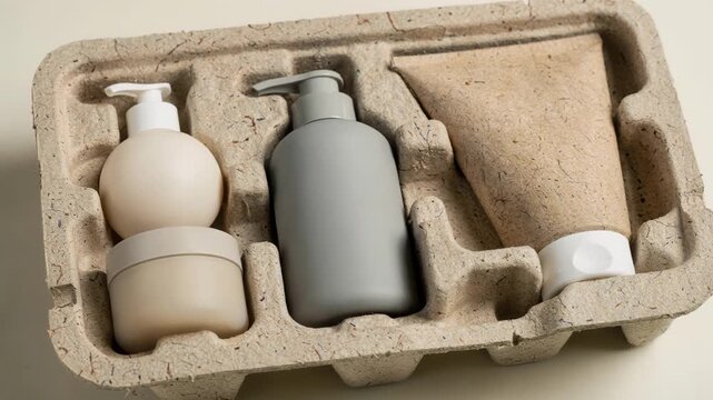 Medium frame of personal care products nestled in molded pulp paperboard inserts highlighting natural protective packaging replacing plastic foam liners.