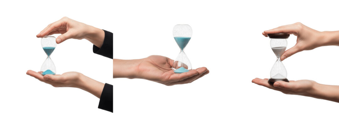 Set and collection of human hands holding glass hourglasses with blue and white sand for time management, deadlines, and patience concepts isolated on white transparent PNG background