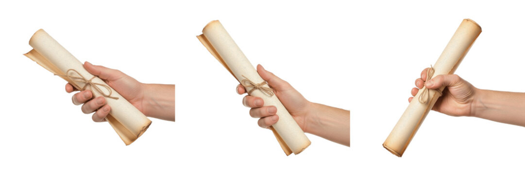 Set and collection of human hands holding vintage paper scrolls tied with twine for graduation, ancient history, and formal diploma concepts isolated on white transparent PNG background