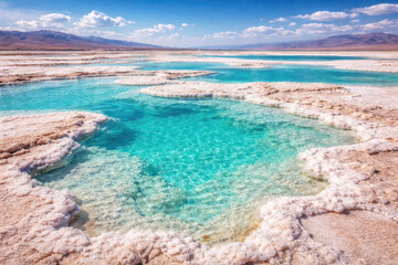 Obraz premium A serene view of turquoise waters and salt formations at a unique landscape.