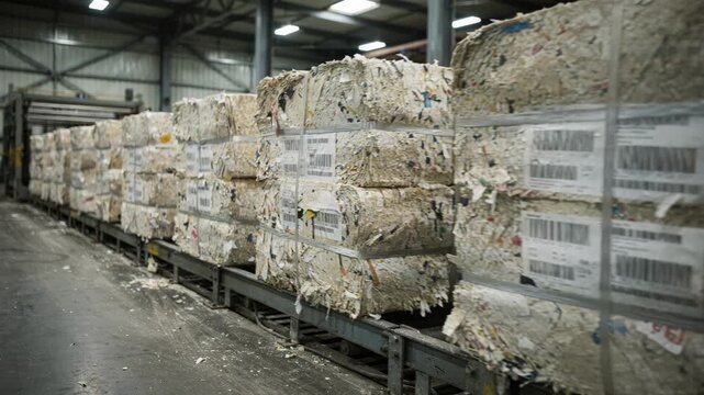 Medium shot of tightly compressed paper pulp bales moving along a press line secured with straps and identification labels in an industrial warehouse setting.