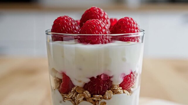 Fresh raspberry parfait in glass on wooden kitchen counter