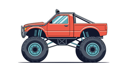 Powerful red monster truck with massive tires and a heavy duty suspension system stands ready for action against a white background.