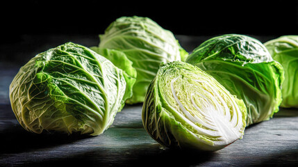 Fototapeta premium Fresh green cabbage cut in half on dark surface, crisp texture of leaves, healthy organic vegetable and natural food ingredient