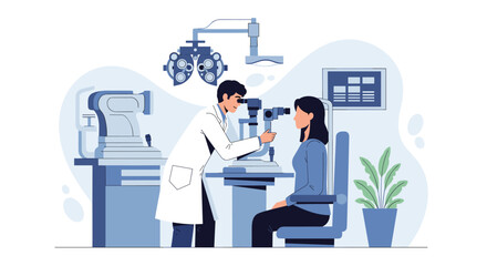 Naklejka premium Professional optometrist uses a specialized microscope to examine the eyes of a female patient in a modern eye care clinic.
