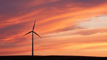 Silhouette of wind turbine at sunset, renewable energy generator against dramatic orange sky