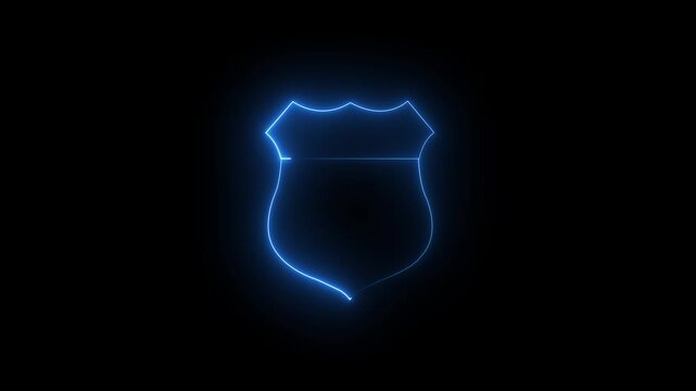 Blue Neon Outline Shield Emblem on Black Background badge police
