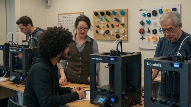 Diverse group students engaging educational program learning 3d printing technology classroom, teacher helping young man operate printer machine