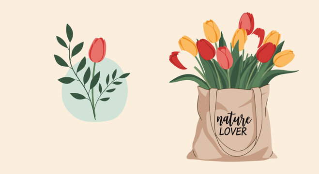 Beautiful floral composition featuring a single tulip branch alongside a fabric tote bag filled with a colorful bouquet of tulips.