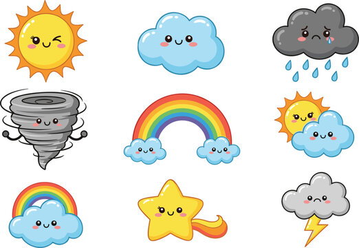 Set of cute kawaii weather icons featuring happy sun cloud rainbow star and stormy rain clouds with funny faces isolated on white for kids design