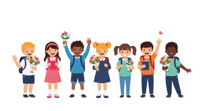 Group of diverse happy school children standing together with backpacks and colorful bouquets of flowers for their exciting first day of classes.