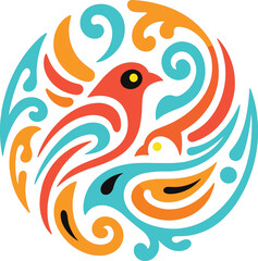 Obraz premium Colorful abstract bird logo in circular shape with swirling floral elements, modern vector illustration isolated on white background for branding and design