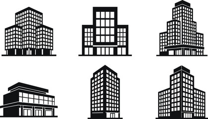 vModern Office Building Silhouette Set, Black Urban Architecture Icons Collection for Real Estate, Construction Business, Corporate Property Branding and City Development Design © MdNurul