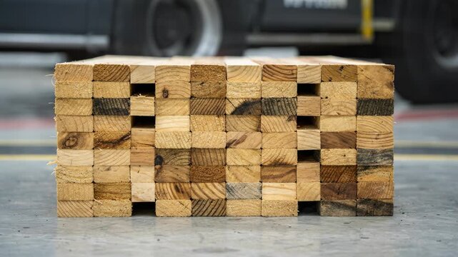 Medium shot of wooden cribbing blocks stacked neatly highlighting the sturdy craftsmanship used for heavy equipment support in industrial settings.