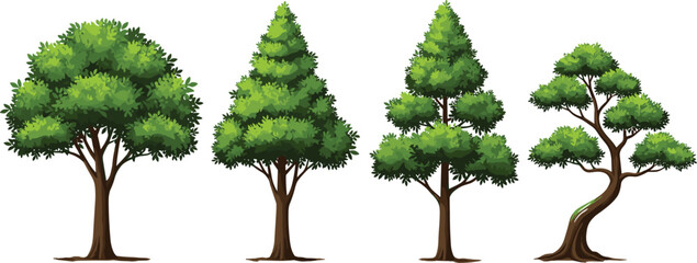 Set of realistic green tree illustrations including deciduous oak and coniferous pine species for architectural visualization landscape design forest environment and nature scenery © MdNurul