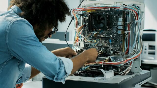Engineer replaces a highperformance workstation motherboard focusing on precise cable management and multicore CPU socket alignment in a modern office setting.