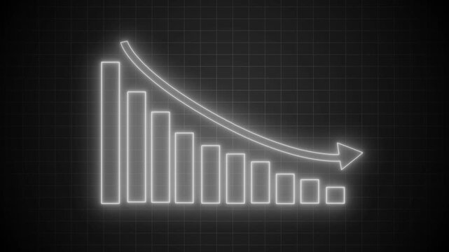 Neon downward bar chart with arrow animation on black background