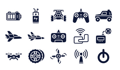 Remote Control Toys Icons Set: Drones, Cars, Planes, Batteries, Controllers, Flat Design Vector Illustration © aminul