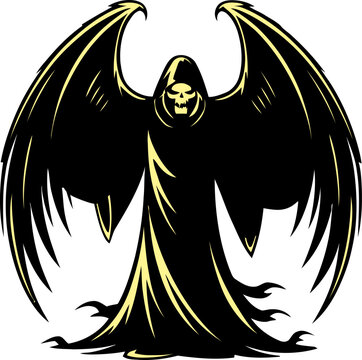 Metallic edged feather span and hooded robe stance, ominous afterlife warden avatar, dramatic branding illustration for apparel prints, album covers, Yellow and black artwork