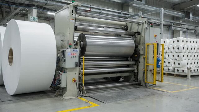 Medium shot of a large roll winder showing core loading onto the machine for rewinding jumbo paper reels into smaller rolls highlighting industrial manufacturing processes.
