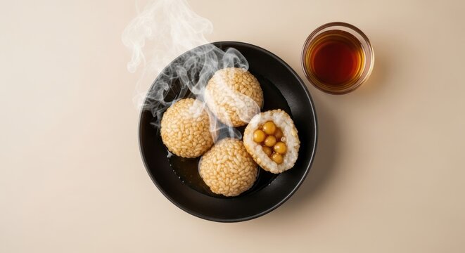 Steaming hot traditional Chinese sesame balls with a sweet filling, one cut open to reveal the golden interior, artfully presented on a black plate alongside a small bowl of tea