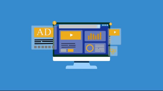 Analytics dashboard on desktop monitor flat animation