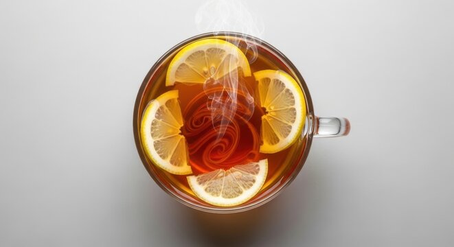 A comforting top-down view of a steaming clear glass mug brimming with hot black tea, garnished with vibrant lemon slices, creating a refreshing and cozy beverage experience