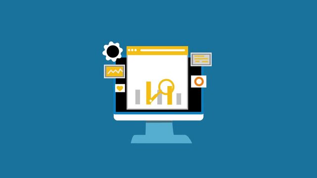Flat desktop computer with web analytics dashboard animation