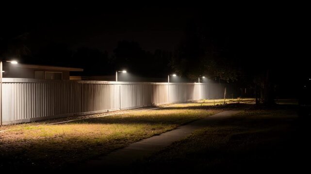 Professional fitting energyefficient LED motionactivated security lights on a backyard fence to deter intruders after dark.