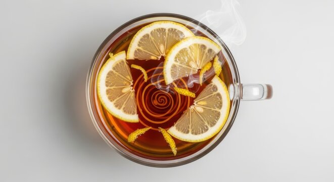 Invigorating hot beverage infused with vibrant lemon slices and aromatic citrus peel, emitting gentle steam, offering a comforting and wholesome drinking experience