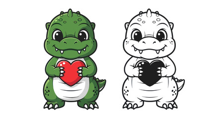 Obraz premium Cute Baby Dinosaur Holding Red Heart, Cartoon Style