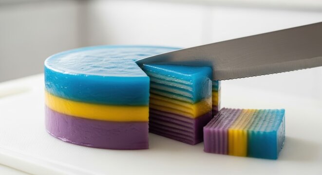 Colorful layered jelly cake being sliced with a knife, revealing a vibrant striped pattern and a fresh piece on the side