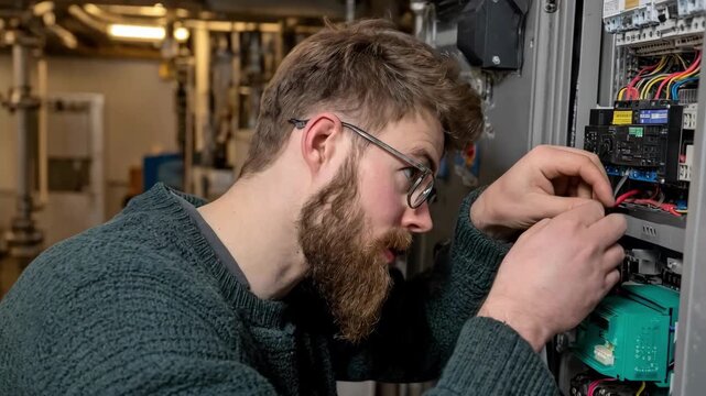 Engineer repairing faulty wiring inside a video intercom unit restoring seamless video and audio connection for secure access control.