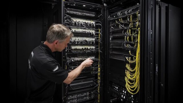 Specialist upgrades a server motherboard in a data center rack emphasizing connectivity ports and robust power distribution for enterprise reliability.
