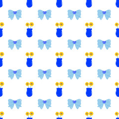 Cute Blue Bow and Sunflower Vase Seamless Pattern on Light Back