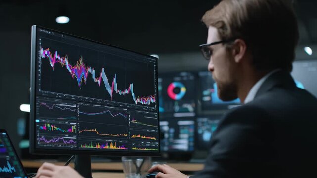 Medium shot of a professional analyzing colorful occupancy rate reports on a tablet to optimize office space utilization and improve facility management.