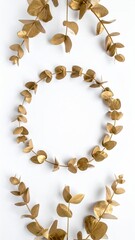 Obraz premium Golden eucalyptus wreath & branches on white background
