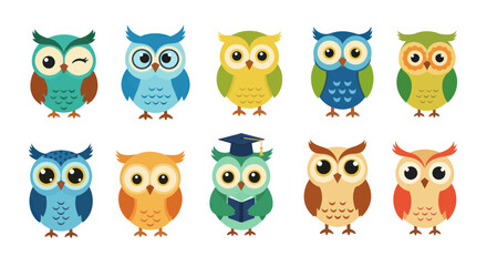 Fototapeta premium Cute Cartoon Owls Collection - Diverse Colors and Styles