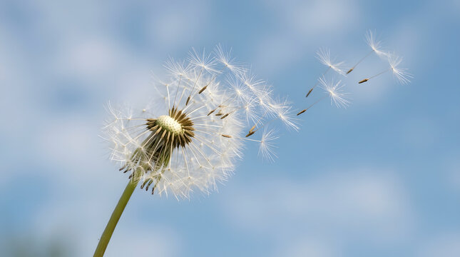 A delicate dandelion puffball releases its feathery seeds into the gentle breeze against a clear blue sky, symbolizing new beginnings and the passage of time in nature's cycle