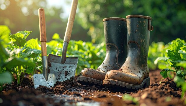 Boots & shovel rest in garden bed, dirt clods visible