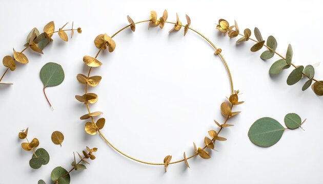 Gold, green leaves encircle blank space on a white surface