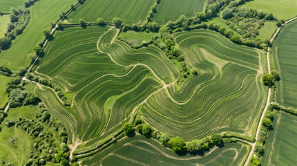 Obraz premium Striking aerial perspective reveals intricate wavy patterns in lush green agricultural fields, forming a unique tapestry across a tranquil rural landscape