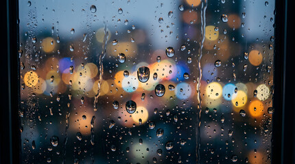 Raindrops on window with bokeh lights blurred city background at night