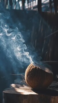 Coconut on log with smoke rising in vector eps format