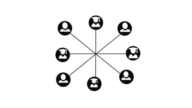 User network hub and spokes on black background animation