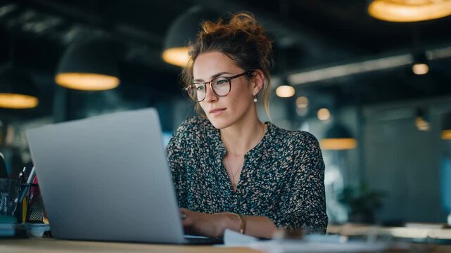 Medium shot of a copywriter brainstorming catchy product slogans while typing on a laptop in a modern office environment.