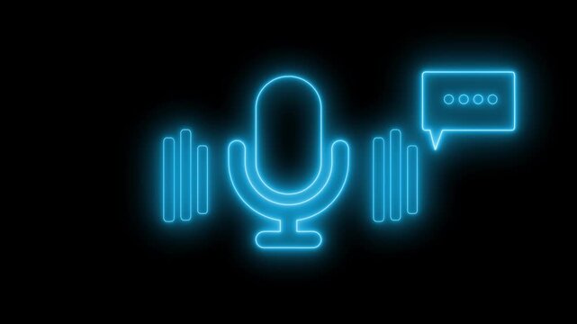 Neon microphone icon with soundwaves and chat bubble animation