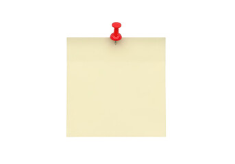A red pushpin holding a light beige sticky note on a plain background