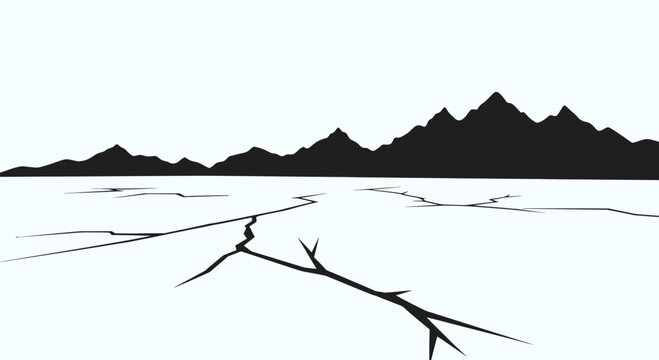 Stark minimalist cracked land vector illustration with distant mountain silhouettes and a desolate
