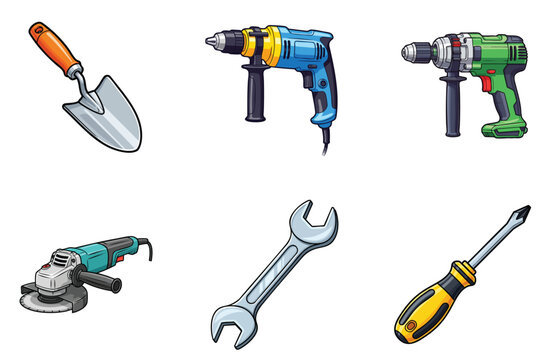 Orange handle garden trowel, a blue and yellow power drill, a green and black power drill, a teal angle grinder, a silver open end wrench, and a yellow and black flathead screwdriver